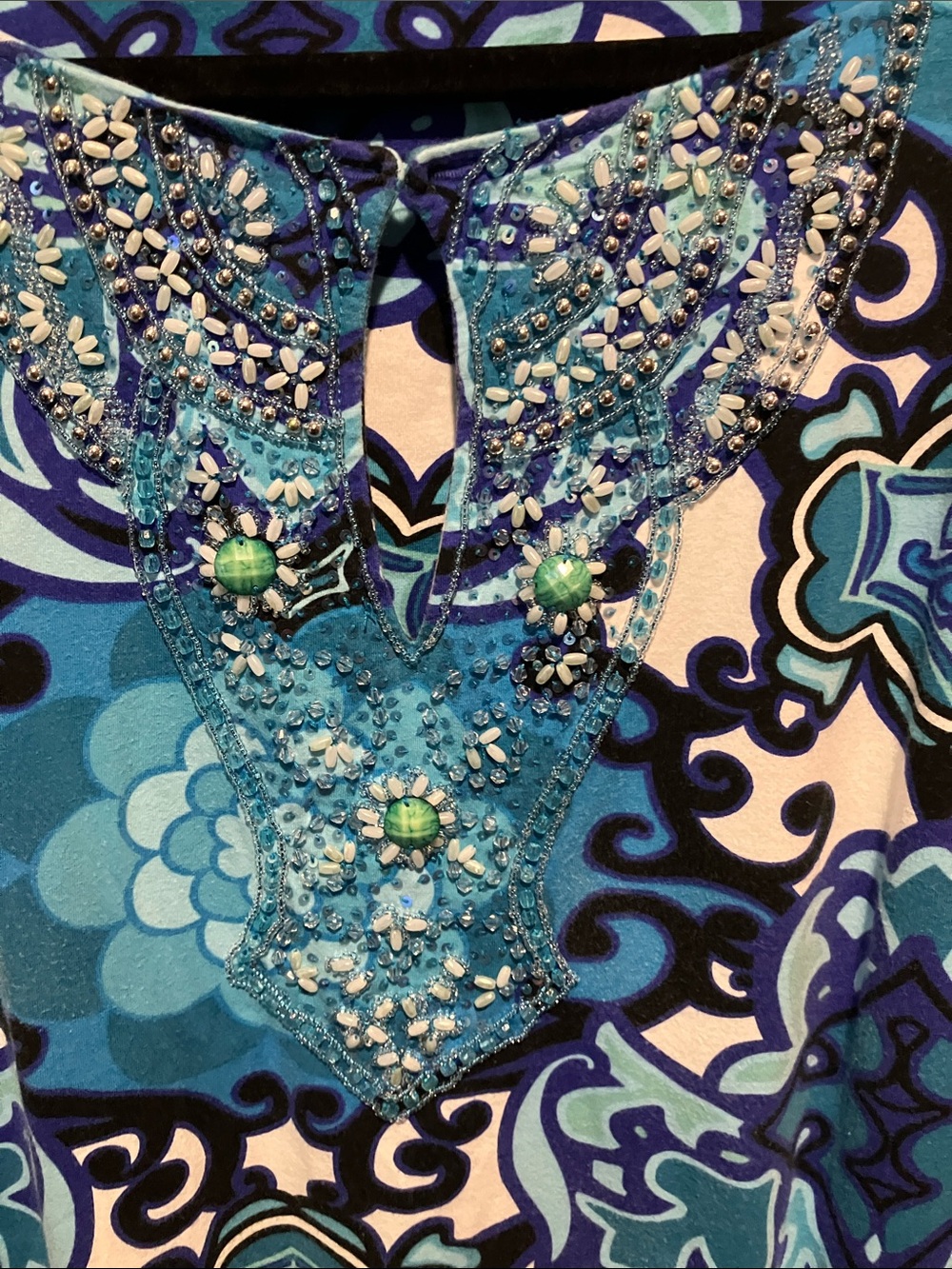 Beaded Neckline Blue Patterned Midi Dress - Picture 9 of 11
